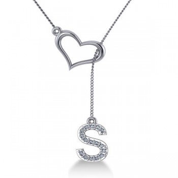 Heart & Diamond Initials Lariat Pendant Necklace 14k White Gold