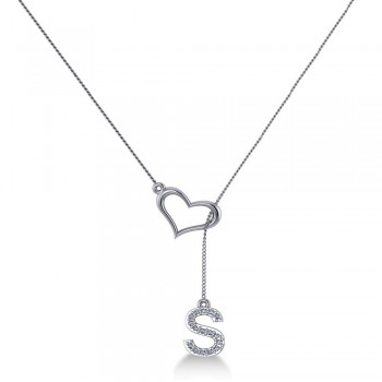 Heart & Diamond Initials Lariat Pendant Necklace 14k White Gold