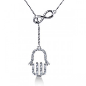 Infinity & Hamsa Religious Lariat Necklace 14k White Gold (0.20ct)