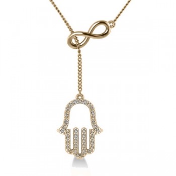 Infinity & Hamsa Religious Lariat Necklace 14k Yellow Gold (0.20ct)