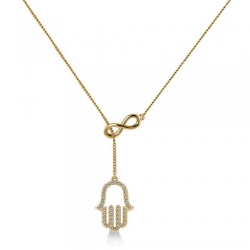 Infinity & Hamsa Religious Lariat Necklace 14k Yellow Gold (0.20ct)