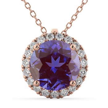 Halo Round Lab Alexandrite & Diamond Pendant Necklace 14k Rose Gold (2.09ct)