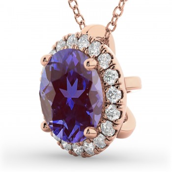 Halo Round Lab Alexandrite & Diamond Pendant Necklace 14k Rose Gold (2.09ct)