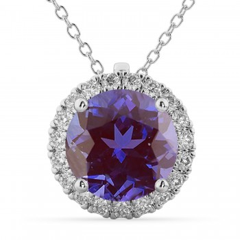 Halo Round Lab Alexandrite & Diamond Pendant Necklace 14k White Gold (2.09ct)