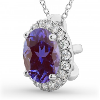 Halo Round Lab Alexandrite & Diamond Pendant Necklace 14k White Gold (2.09ct)