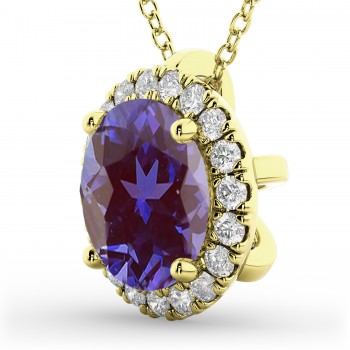 Halo Round Lab Alexandrite & Diamond Pendant Necklace 14k Yellow Gold (2.09ct)