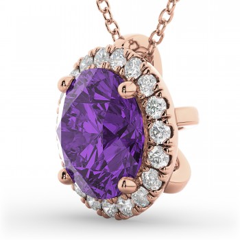 Halo Round Amethyst & Diamond Pendant Necklace 14k Rose Gold (2.09ct)