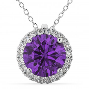 Halo Round Amethyst & Diamond Pendant Necklace 14k White Gold (2.09ct)