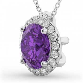 Halo Round Amethyst & Diamond Pendant Necklace 14k White Gold (2.09ct)