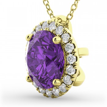 Halo Round Amethyst & Diamond Pendant Necklace 14k Yellow Gold (2.09ct)