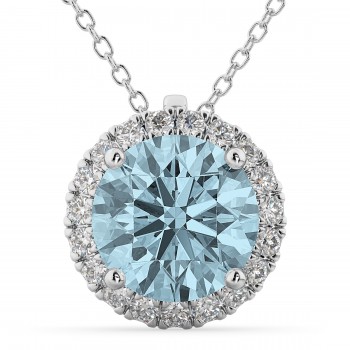 Halo Round Aquamarine & Diamond Pendant Necklace 14k White Gold (2.69ct)