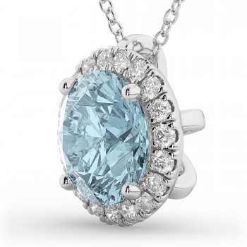 Halo Round Aquamarine & Diamond Pendant Necklace 14k White Gold (2.69ct)