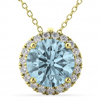 Halo Round Aquamarine & Diamond Pendant Necklace 14k Yellow Gold (2.69ct)