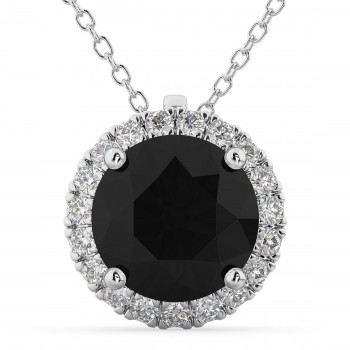 Halo Round Black Diamond Pendant Necklace 14k White Gold (2.29ct)