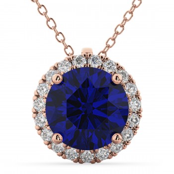 Halo Blue Sapphire & Diamond Pendant Necklace 14k Rose Gold (2.59ct)