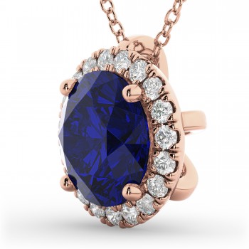 Halo Blue Sapphire & Diamond Pendant Necklace 14k Rose Gold (2.59ct)