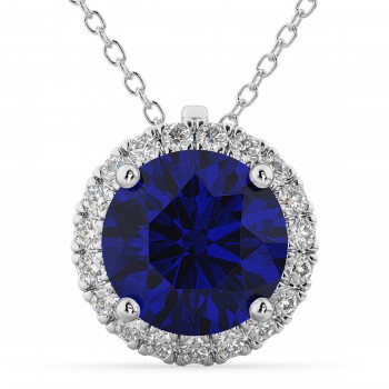 Halo Blue Sapphire & Diamond Pendant Necklace 14k White Gold (2.59ct)