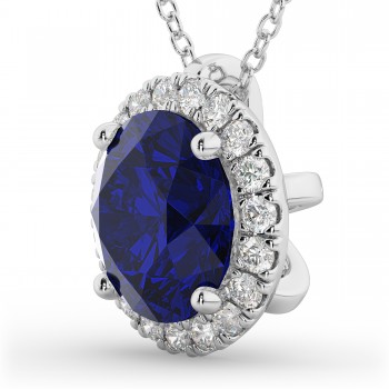 Halo Blue Sapphire & Diamond Pendant Necklace 14k White Gold (2.59ct)