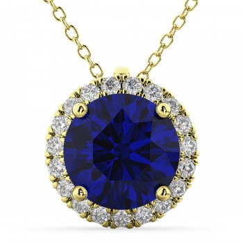 Halo Blue Sapphire & Diamond Pendant Necklace 14k Yellow Gold (2.59ct)