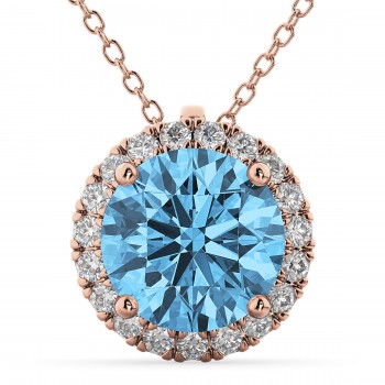 Halo Round Blue Topaz & Diamond Pendant Necklace 14k Rose Gold (2.79ct)