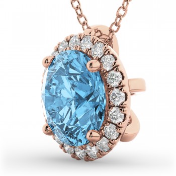 Halo Round Blue Topaz & Diamond Pendant Necklace 14k Rose Gold (2.79ct)