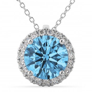 Halo Round Blue Topaz & Diamond Pendant Necklace 14k White Gold (2.79ct)