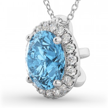 Halo Round Blue Topaz & Diamond Pendant Necklace 14k White Gold (2.79ct)