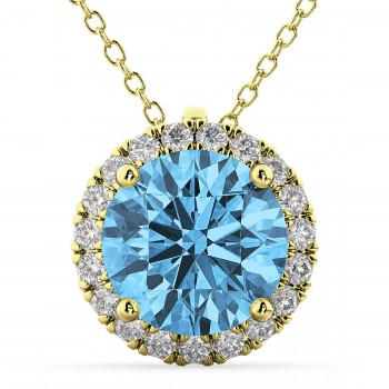 Halo Round Blue Topaz & Diamond Pendant Necklace 14k Yellow Gold (2.79ct)