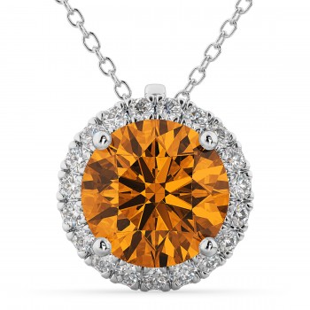 Halo Round Citrine & Diamond Pendant Necklace 14k White Gold (2.09ct)