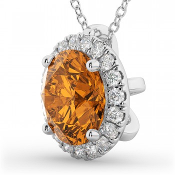 Halo Round Citrine & Diamond Pendant Necklace 14k White Gold (2.09ct)