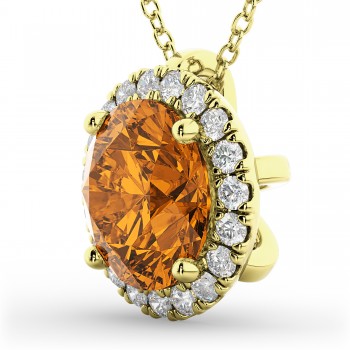 Halo Round Citrine & Diamond Pendant Necklace 14k Yellow Gold (2.09ct)
