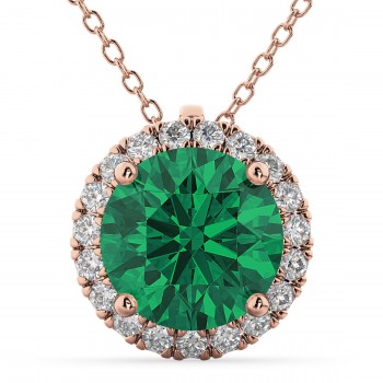 Halo Round Emerald & Diamond Pendant Necklace 14k Rose Gold (2.79ct)