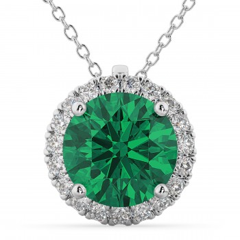 Halo Round Emerald & Diamond Pendant Necklace 14k White Gold (2.79ct)