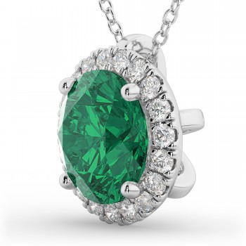 Halo Round Emerald & Diamond Pendant Necklace 14k White Gold (2.79ct)