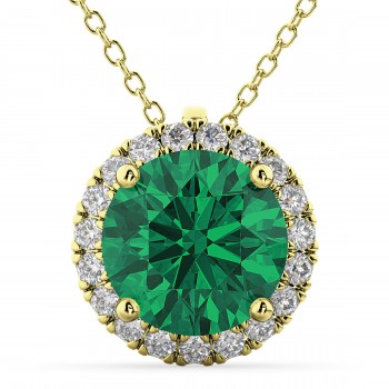 Halo Round Emerald & Diamond Pendant Necklace 14k Yellow Gold (2.79ct)