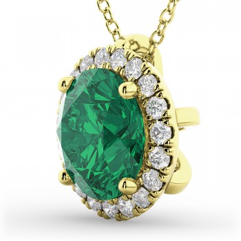 Halo Round Emerald & Diamond Pendant Necklace 14k Yellow Gold (2.79ct)