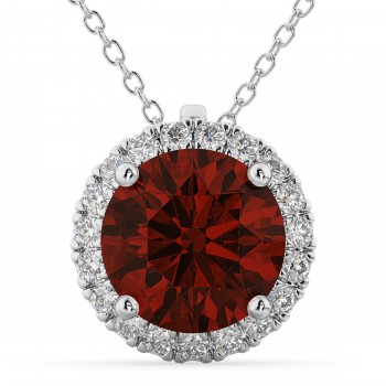 Halo Round Garnet & Diamond Pendant Necklace 14k White Gold (2.79ct)