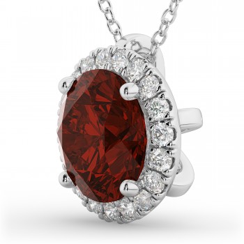 Halo Round Garnet & Diamond Pendant Necklace 14k White Gold (2.79ct)