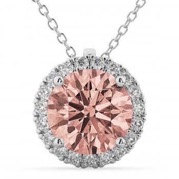 Halo Round Morganite & Diamond Pendant Necklace 14k White Gold (2.09ct)