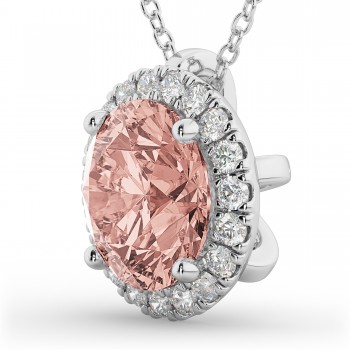 Halo Round Morganite & Diamond Pendant Necklace 14k White Gold (2.09ct)