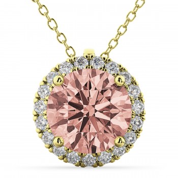 Halo Round Morganite & Diamond Pendant Necklace 14k Yellow Gold (2.09ct)
