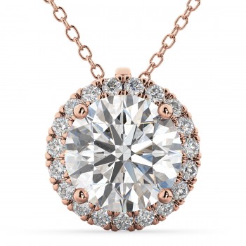 Halo Round Moissanite & Diamond Pendant Necklace 14k Rose Gold (1.89ct)