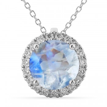 Halo Round Moonstone & Diamond Pendant Necklace 14k White Gold (2.09ct)