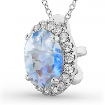 Halo Round Moonstone & Diamond Pendant Necklace 14k White Gold (2.09ct)