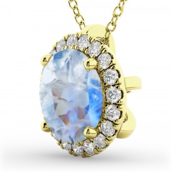 Halo Round Moonstone & Diamond Pendant Necklace 14k Yellow Gold (2.09ct)