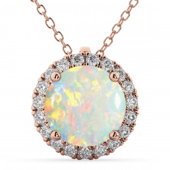 Halo Round Opal & Diamond Pendant Necklace 14k Rose Gold (2.09ct)