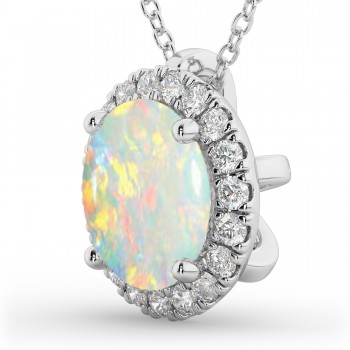 Halo Round Opal & Diamond Pendant Necklace 14k White Gold (2.09ct)