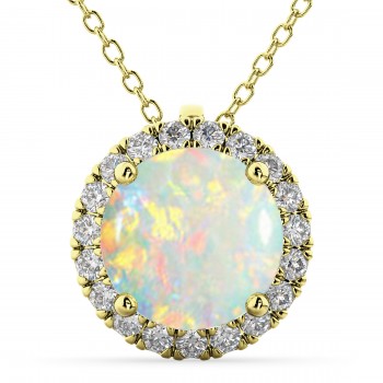 Halo Round Opal & Diamond Pendant Necklace 14k Yellow Gold (2.09ct)