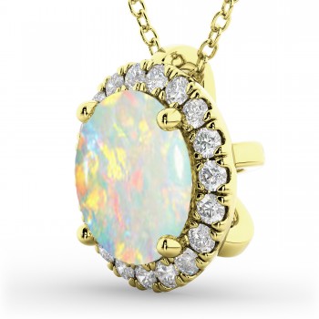 Halo Round Opal & Diamond Pendant Necklace 14k Yellow Gold (2.09ct)