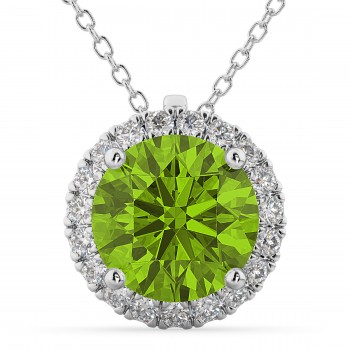 Halo Round Peridot & Diamond Pendant Necklace 14k White Gold (2.29ct)